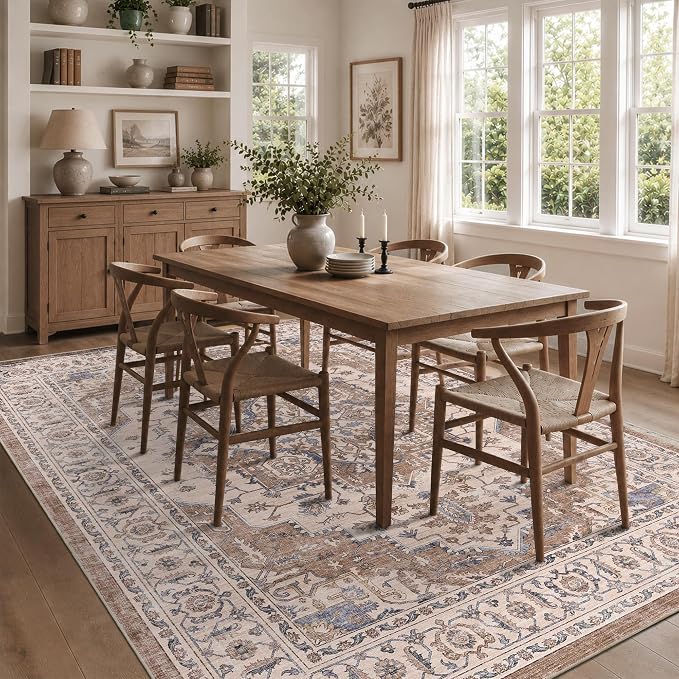 6x9 Area Rug for Living Room Soft Washable Vintage Area Rug | Non-Slip, Retro Print, Low Pile, Stain Resistant, Soft Washable Brown Carpet, for Bedroom, Dining Room, Nursery, Home Office