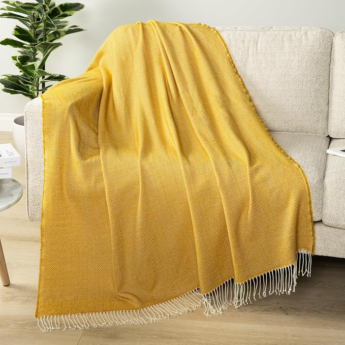 PAVILIA Yellow Herringbone Throw Blanket for Couch Bed, Decorative Outdoor Throw Blanket, Faux Cashmere Blanket Throw, Lightweight Accent Sofa Blanket Throw, 50x60