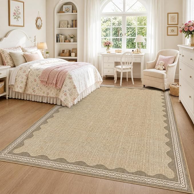 GarveeHome Scalloped Washable Area Rug 6x9 Rugs for Living Room Soft Low-Pile Solid Tan Jute Digital Printing Thin Carpet for Bedroom Dining Nursery Non Slip Mat with Rubber