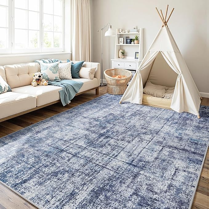 9x12 Washable Area Rug for Living Room Bedroom: Non-Slip Modern Navy Blue | Machine Washable TPR Backing, Stain-Resistant Low Pile, Pet & Kid Friendly, Abstract Decor for Dining Room, Dorm, Home Office