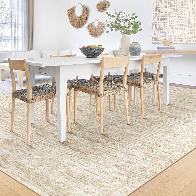 Washable Area Rug 5x7: Moroccan Rug for Living Room Geometric Boho Rug Farmhouse Non Slip Stain Resistant Rugs Low Pile Soft Carpet for Bedroom Dining Room Home Office Children Room (Beige,5'x7')