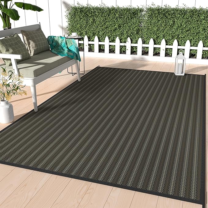 GENIMO Outdoor Rug for Patio Clearance, 5'x8' Reversible Plastic Straw Rugs, Lightweight Waterproof RV Camping Mat for Camper, Balcony, Deck, Backyard, Picnic, Black & Brown