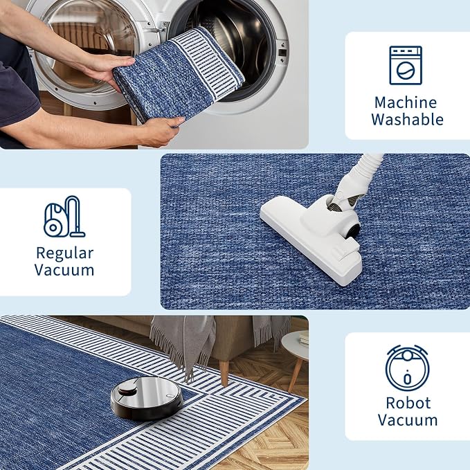 Garvee Large Washable Rug 9x12 Modern Bordered Living Room Rug Blue | Non Slip Soft Foldable Indoor Carpet Stain-Resistant Low Pile Floor Cover for Bedroom Nursery Office Dorm Kids Room Playroom