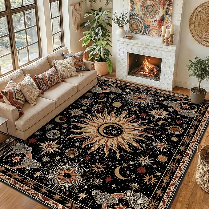 Vacuum-Friendly, 9x12 Washable Area Rug, Black Gold Beige Red | Sun and Moon Boho Gothic Non-Slip Low Pile Living Roon Bedroom Dining Room Kitchen Entry Entryway Entrance Hallway Doormat