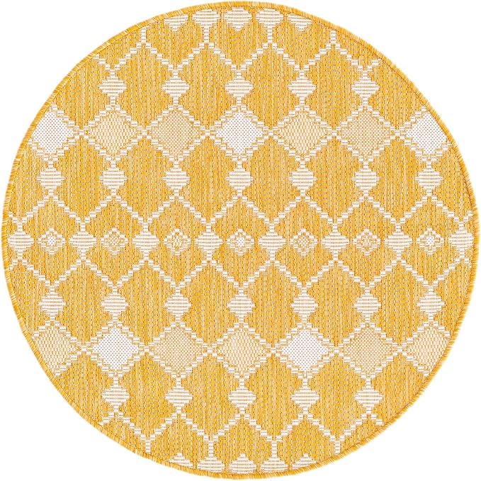 Unique Loom Outdoor Trellis Collection Area Rug - Traliccio (3' Round, Yellow/ Ivory)