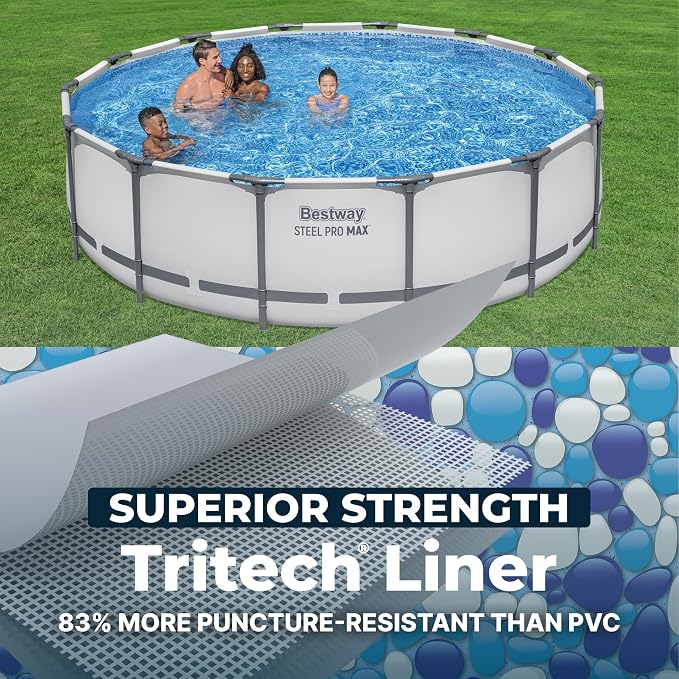 Bestway Steel Pro MAX 14' x 42" Above Ground Swimming Pool Set with Pump | Durable Round Metal Frame Outdoor Backyard Pool, Puncture-Resistant Liner - Ladder and Cover Included, Gray