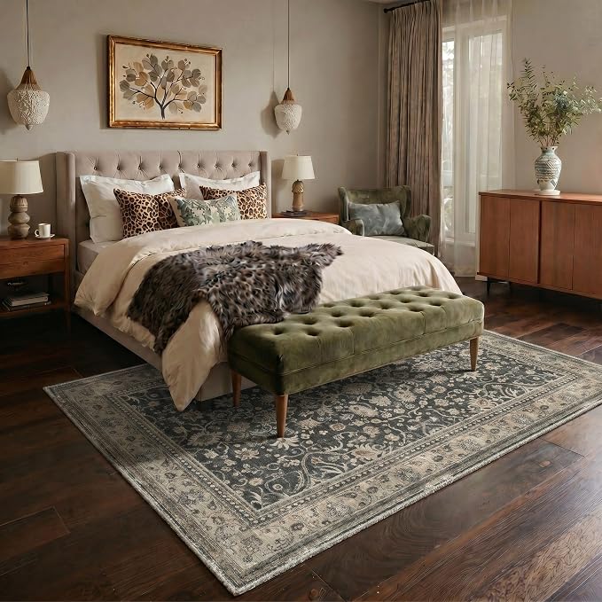 5X7 Area Rug for Living Room, Washable Boho Oriental Floral Non Slip | Easy Care Faux Wool Rug for Bedroom Dining Room, Dusty Charcoal Vintage Floral Rug,Non-Shedding,Vacuum Friendly,Thin