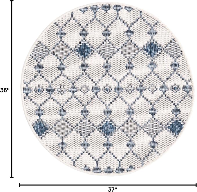 Unique Loom Outdoor Trellis Collection Area Rug - Traliccio (3' Round, Ivory/ Navy Blue)