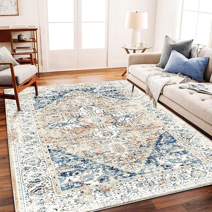 CHAMPLANT Retro Washable Area Rug 4X6 Washable Living Room Boho Chic Medallion Distressed DesignIndoor Non-Slip Large Accent Throw Rug for Kitchen Bedroom Office Carpet