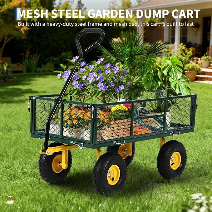 Garvee 900 LB Garden Cart, Heavy Duty Metal Utility Garden Wagon, Green | 13 in All Terrain Tires, 4-in-1 Yard Wagon Cart with Removable Side Panels for Outdoor Lawn, Yard, Backyard