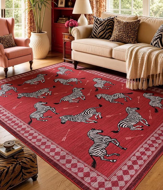 YIHOUSE Red Zebra Area Rugs 6×9, Washable Animal Print Rug with Checkered Border, Non-Slip Low Pile Mid-Century Modern Carpet for Living Room, Bedroom, Dining Room, Home Decor