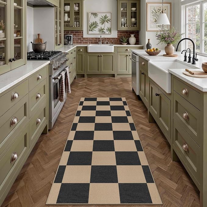 PureCozy 2x8 Checkered Easy Jute Runner Rug Kitchen Rug Non Slip Washable Outdoor Runner for Entryway Indoor, Checkerboard Black Indoor Outdoor Carpet for Hallway Porch