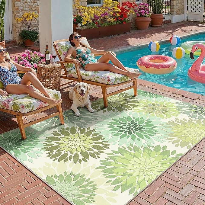 6x9 Indoor Outdoor Area Rug Washable Patio Rug Green Non Slip Non Shedding Waterproof Carpet for Living Room Bedroom Porch Backyard Deck Balcony RV Camping Garden Picnic