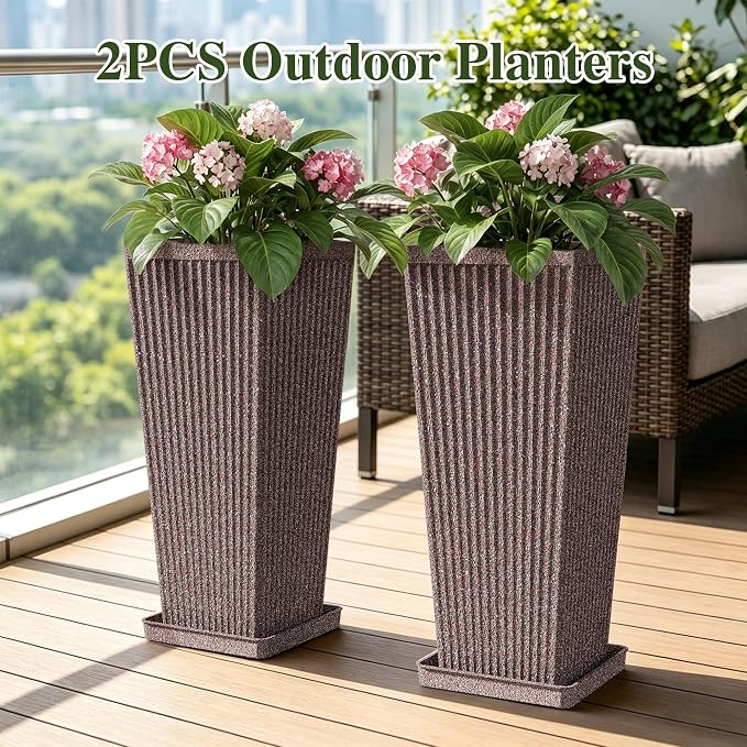 Taper Tall Planters for Outdoor Plants Set of 2, 24 Inch Faux Stone Large Outdoor Planters for Porch with Drainage Tray Saucers & Holes, Fluted Tall Indoor Flower Pots for Patio Balcony, Brown
