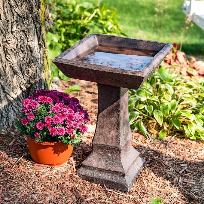 Sunnydaze 23” H Concrete Bird Bath for Outdoors - Simply Square Garden Bird Bath with Glass Fiber Reinforced Concrete Construction - Brown