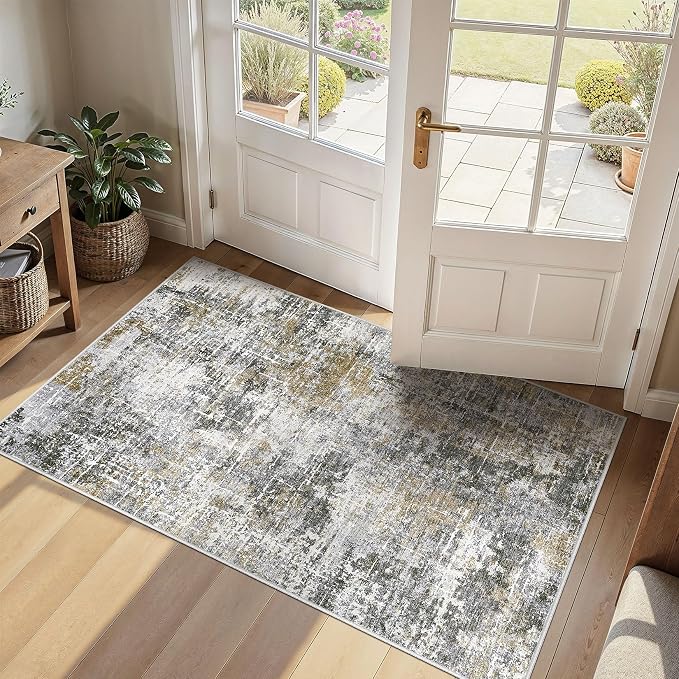 kakania Abstract 3x5 Area Rugs for Living Room: Washable Rugs Black Gold | Soft, Non-Slip, Low-Pile, Pet & Kid Friendly - Modern Home Decor Carpet for Bedroom/Dining Room/Office/Nursery
