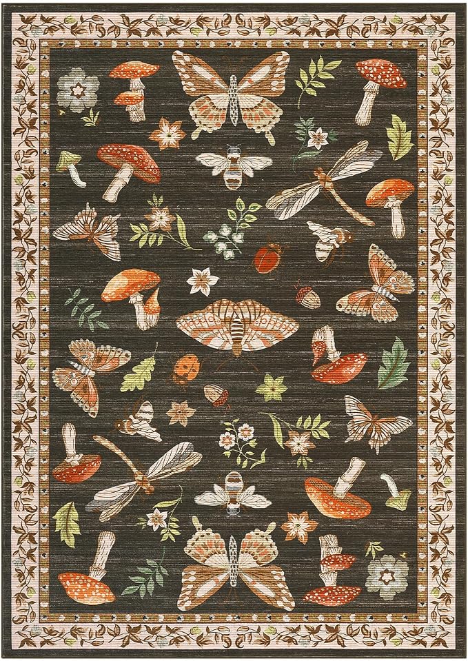 ROYHOME Mushroom Washable Rug 5x7 Area Rugs for Living Room, Insect Print Rug for Bedroom, Non Slip Throw Carpet with Rubber Back, Soft Low Pile Dining Room, Brown