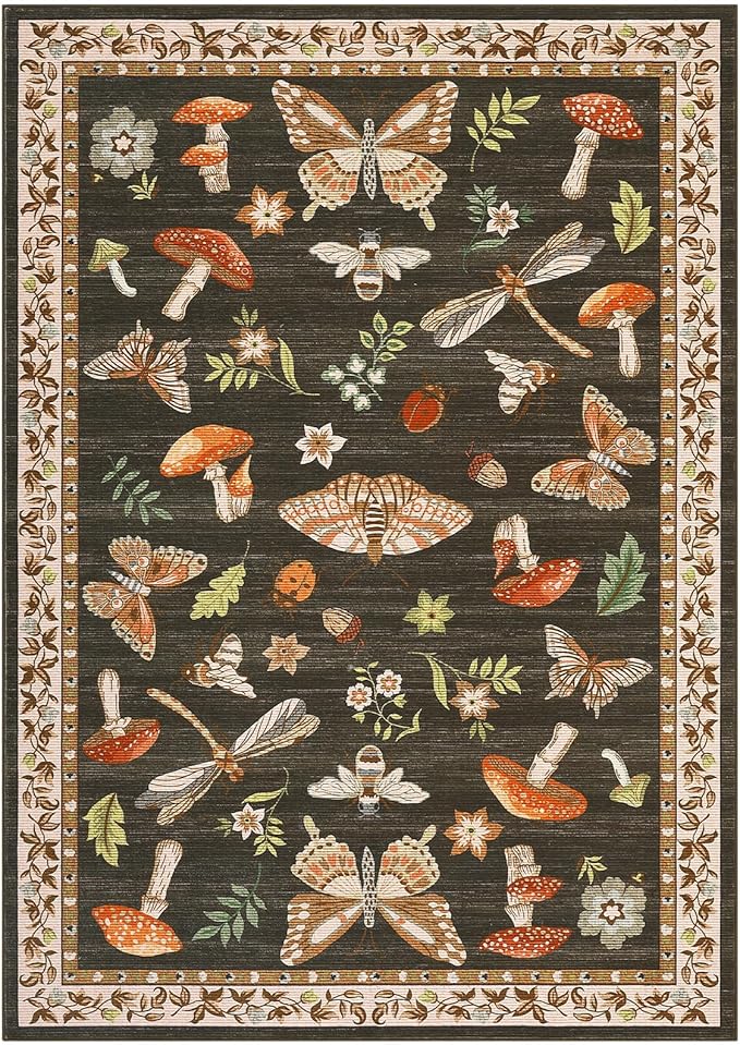 ROYHOME Mushroom Washable Rug 9x12 Area Rugs for Living Room, Insect Print Rug for Bedroom, Non Slip Throw Rugs with Rubber Back, Soft Low Pile Dining Room Under Table, Brown