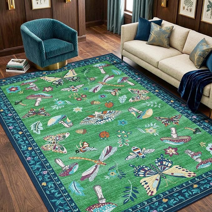 ROYHOME Mushroom Insect 8x10 Area Rugs for Living Room Bedroom Blue Green | Large Dinning Room Washable Bug Moth Cute Funky Cottage Core Whimsical Boy Carpet Low-Pile Non-Slip TPE Backing