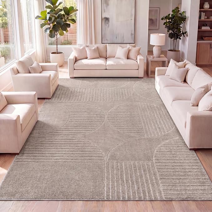 JONATHAN Y Nordby High-Low Arch Striped Indoor/Outdoor Area Rug, 8x10, Taupe/Beige, for Patio, Backyard, Living Room, Bedroom, Office, Hose-Washable (SCN104D-8)