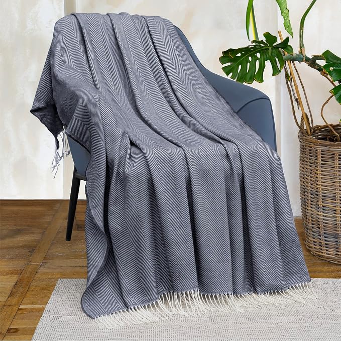 PAVILIA Navy Blue Herringbone Throw Blanket for Couch Bed, Decorative Outdoor Throw Blanket, Faux Cashmere Blanket Throw, Lightweight Accent Sofa Blanket Throw, 50x60