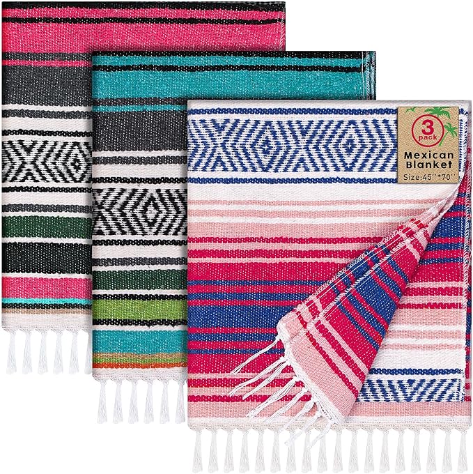 Oudain 3 Pack Mexican Blankets 45 x 70 Inch Woven Serape Throw Blanket, Baja Yoga Blanket for Beach Picnic Camping Boho Couch Decor Travel Outdoor (Classic Color)