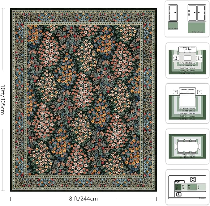 8x10 Area Rugs, Machine Washable Low Pile Floral Rugs for Living Room, Bedroom, Large Boho Area Rug with Non-Slip Backing for Dining Room(Black Floral)