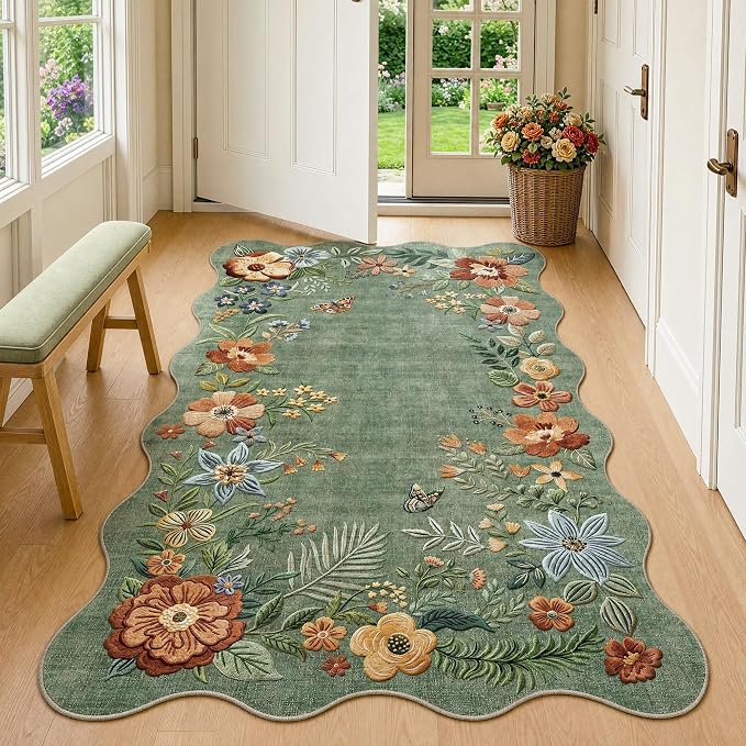 FMFUNCTEX 3x5 Washable Sage Green Floral Scalloped Area Rug for Entryway | Boho Vintage Flower Colorful Traditional Non Slip Low Pile Indoor Carpet Entrance Soft Rug Living Room Bedroom Kitchen