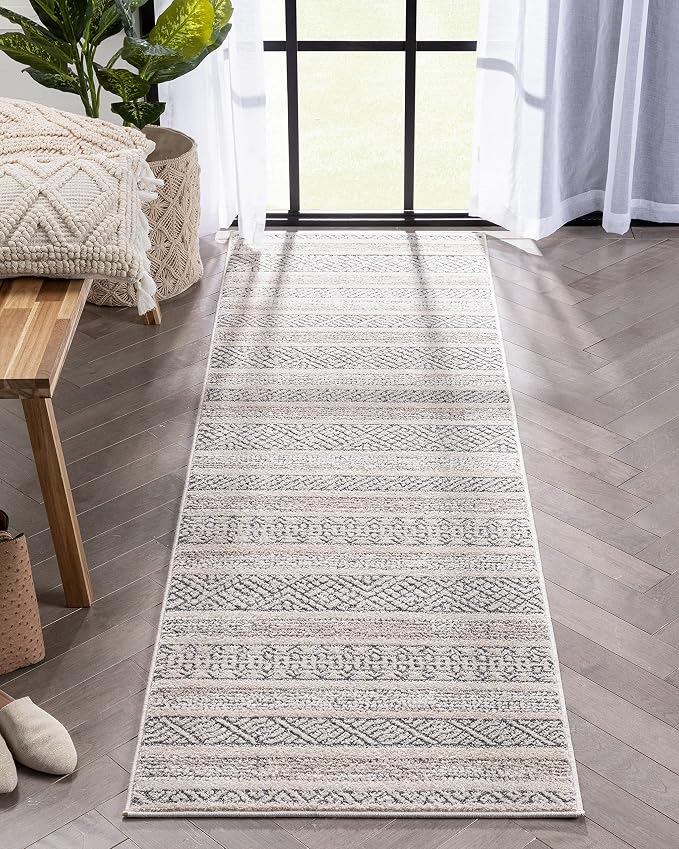 Well Woven Francesca Beige Tribal Geometric Distressed High-Lo Pile (2'7" x 9'10") Runner Rug