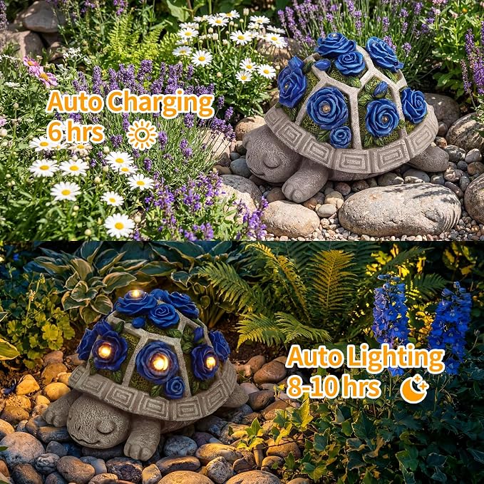 Solar Garden Outdoor Decor Turtle Statue with Dark Blue Roses & 7 LED Lights – Outside Tortoise Decor for Yard Patio Balcony & Backyard - Home House Decoration Art- Gift for Women Mom & Grandma