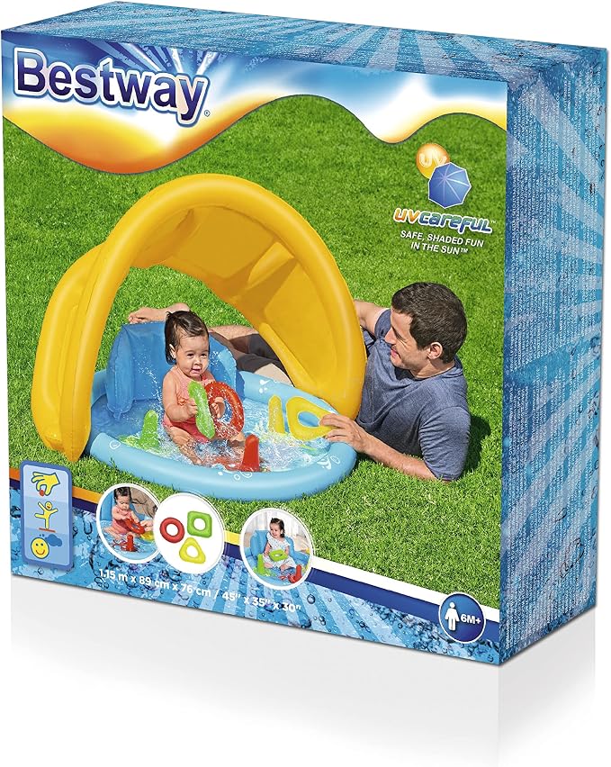 Bestway Seashapes Splash Pad | Baby Sensory Water Pool, with Backrest, Sunshade and Games, 6 Months +
