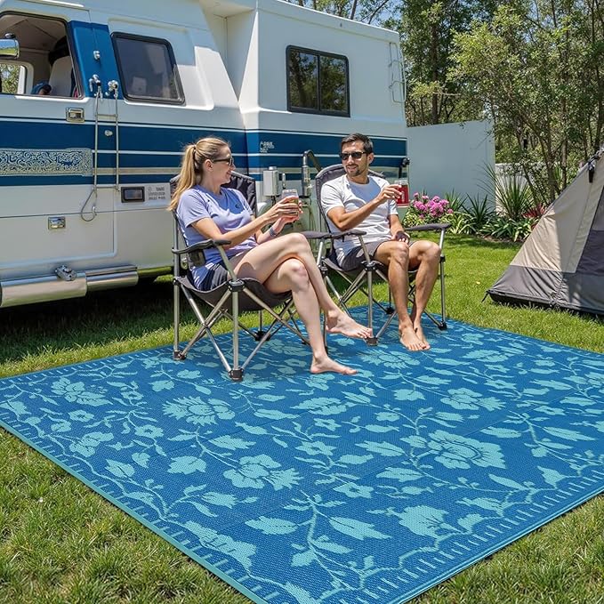 Garvee 5x8 Outdoor Patio Rug, Floral Waterproof Outdoor Rug for Camping with Portable Bag, Vintage Plastic Straw RV Rugs for Outside, Reversible Mats for Picnic Backyard Porch Balcony, Dark Blue