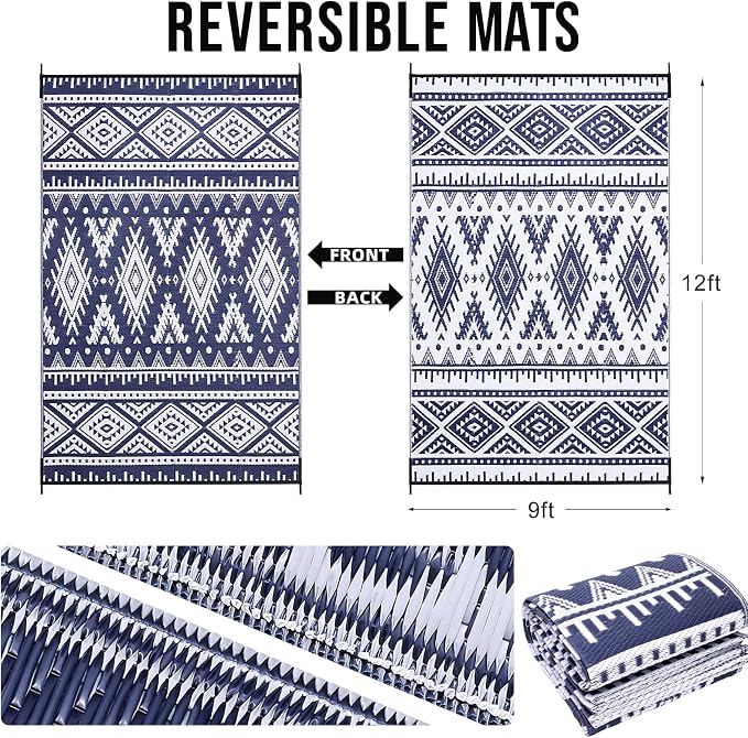 OLANLY Outdoor Rug Waterproof 9x12 ft, Reversible Outdoor Plastic Straw Rug, Boho Patio Rug, Indoor Outdoor Carpet, RV Mat Outside for Patio, Camp, Picnic, Balcony, Deck, Backyard, Navy & White