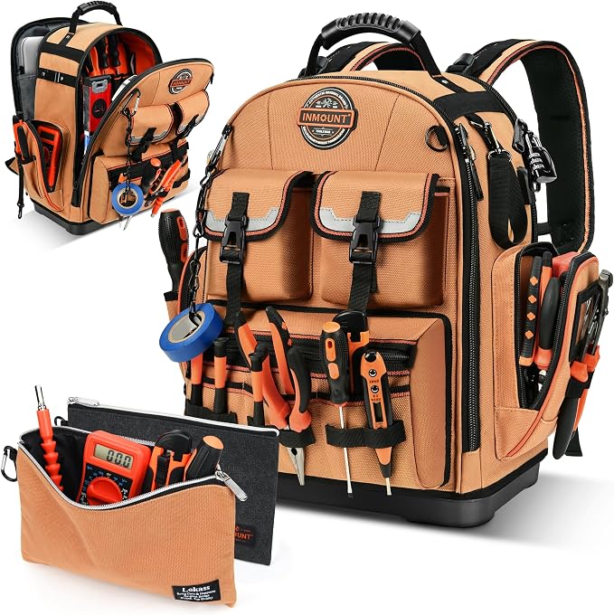Tool Backpack with 2 Small Tool Bags – LOKASS Heavy Duty Backpack Tool Bag with Molded Base,1680D Tool Organizer with Laptop Compartment & Combination Lock, Water-Resistant Electrician & HVAC Tool Bag