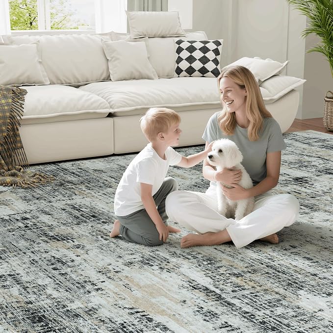 6x9 Washable Area Rug for Living Room Bedroom: Non-Slip Modern Black Gray | Machine Washable TPR Backing, Stain-Resistant Low Pile, Pet & Kid Friendly, Abstract Decor for Dining Room, Dorm, Home Office
