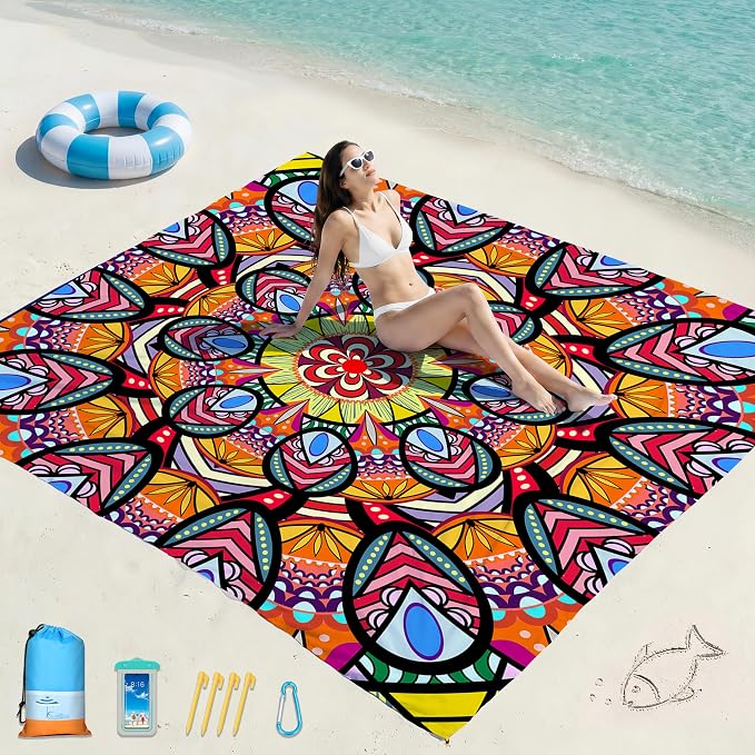 Famstar Beach Blanket Oversized Extra Large 78"X81"/10'X9',Waterproof Sandproof Beach Blanket 2-8 Adults Lightweight Durable for Travel Camping Hiking Picnic