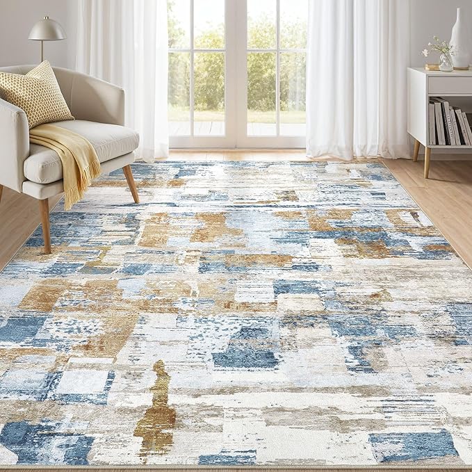 kakania Abstract 5x8 Area Rugs for Living Room: Washable Rugs Blue | Soft, Non-Slip, Low-Pile, Pet & Kid Friendly - Modern Home Decor Carpet for Bedroom/Dining Room/Office/Nursery