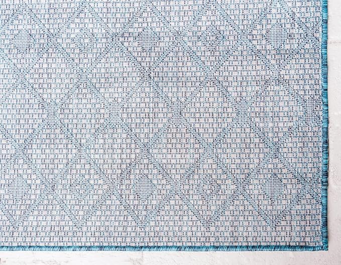 Unique Loom Outdoor Trellis Collection Area Rug - Tribal Trellis (10' x 14' 1" Rectangle, Teal/ Ivory)