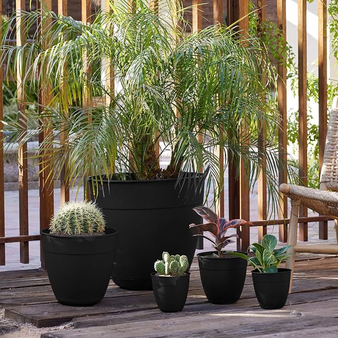 Bloem Dayton 16" Black Recyled Plastic Planter Pot with Drainage Holes and Removable Saucer for Indoor or Outdoor Gardening, Made in USA
