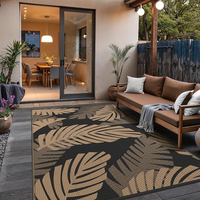 GENIMO Waterproof Outdoor Rug 8' x 10' for Patio Decor, Reversible Plastic Straw Area Rugs for Camping Clearance, RV Mat, Large Outside Carpet for Porch, Deck, Picni, Balcony, Garden, Black & Brown