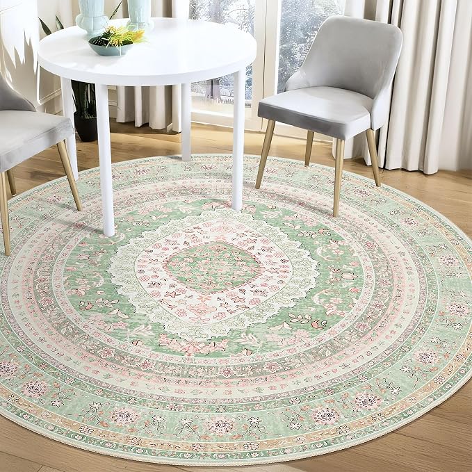Round Area Rugs 5ft Washable,Green Rug for Living Room Bedroom | Large Boho Vintage Bohemian Distressed Oriental Carpet Non Slip for Dining Room,Sage Blush Floral