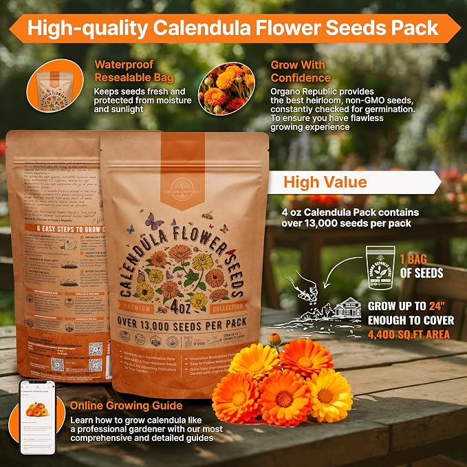 Calendula Seeds Pack 4 oz - Over 13,000 Non-GMO Heirloom Calendula Seeds for Planting Indoor & Outdoor Gardening, Flower Seed for Planting Home and Garden, Flowers Seed in Individual Packet