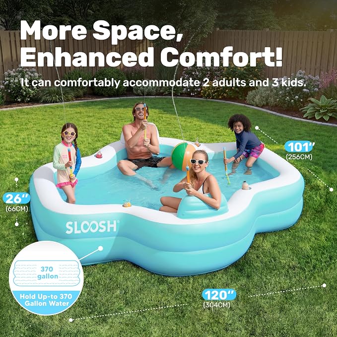 SLOOSH Inflatable Pool for Family with Seats, 120" x 101" x 26" Full-Sized Blow Up Durable Thickened Above Ground Pool with Backrest Cup Holders,Swimming Pools for Backyard Summer Water Lawn, Cyan