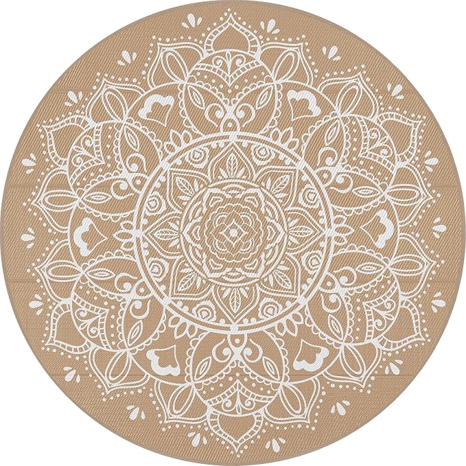 Pauwer Waterproof Outdoor Rug 8ft, Reversible Plastic Straw Patio Camping Rug, Indoor Outdoor RV Mat Carpet for Deck, Camper, Porch, Balcony, Backyard, Picnic, Floral Brown