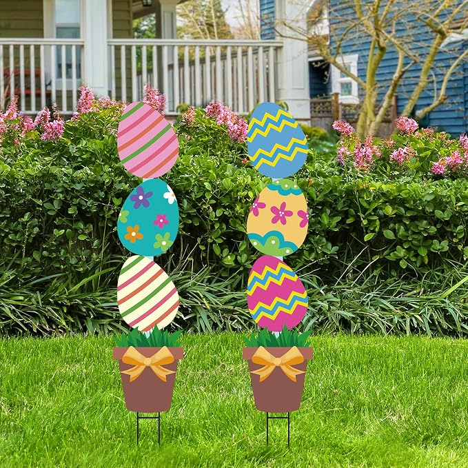 Bunny Chorus Large Metal Easter Egg Flower Pot Yard Signs: 2pcs, Multicolored, Farmhouse Style, Easter Decor with Stakes, Lawn & Garden Decor