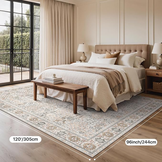 Washable Rugs 8x10 for Living Room, Low Pile, Beige Grey | Vintage Distressed Design Area Rug, Spill Resistant Lightweight Non-Shedding Carpet for Bedroom, Dining Room, Office