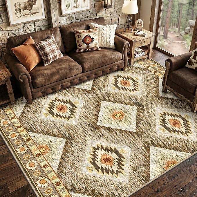 5'x8' Washable Area Rug for Living Room Bedroom Cream/Camel | Soft Western No Slip Low Pile Print Foldable Indoor for Kitchen Dining Room
