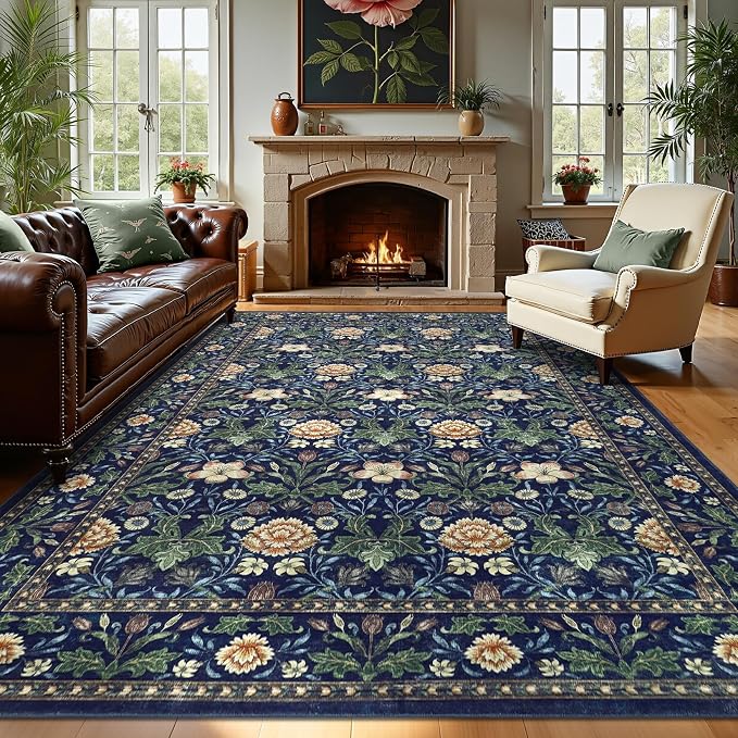 GarveeHome Large Area Rugs 9x12 for Living Room, Forest Green Floral Washable Rug Soft Non Slip Floor Mat Carpet Indoor Thin Accent Rug for Bedroom Dining Room Playroom Nursery Home Decor