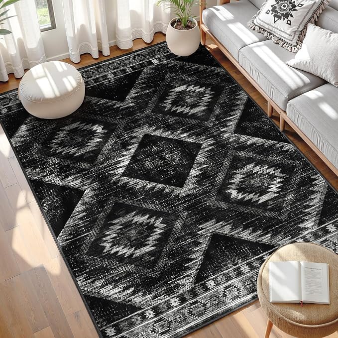 5'x7' Washable Area Rug for Living Room Bedroom Black | Soft Western No Slip Low Pile Print Foldable Indoor for Kitchen Dining Room