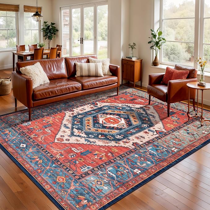 SERISSA 6x8 Washable Non Slip Boho Area Rug for Living Room，Rust | Ultra Soft Vintage Oriental Carpet Low-Pile Distressed Tribal Floor Carpet for Dining Room Bedroom Dorm Office Home Decor